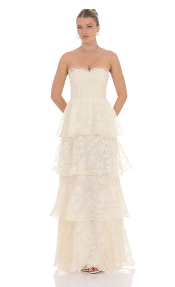 Floral Smocked Ruffle Maxi Dress in Cream