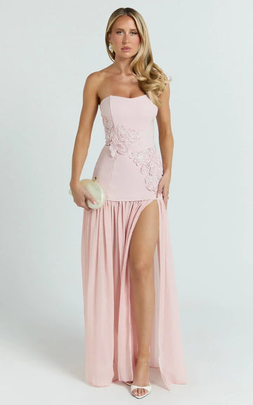 Jefferies Maxi Dress - Peplum Bodice Contrast Georgette Dress in Pink
