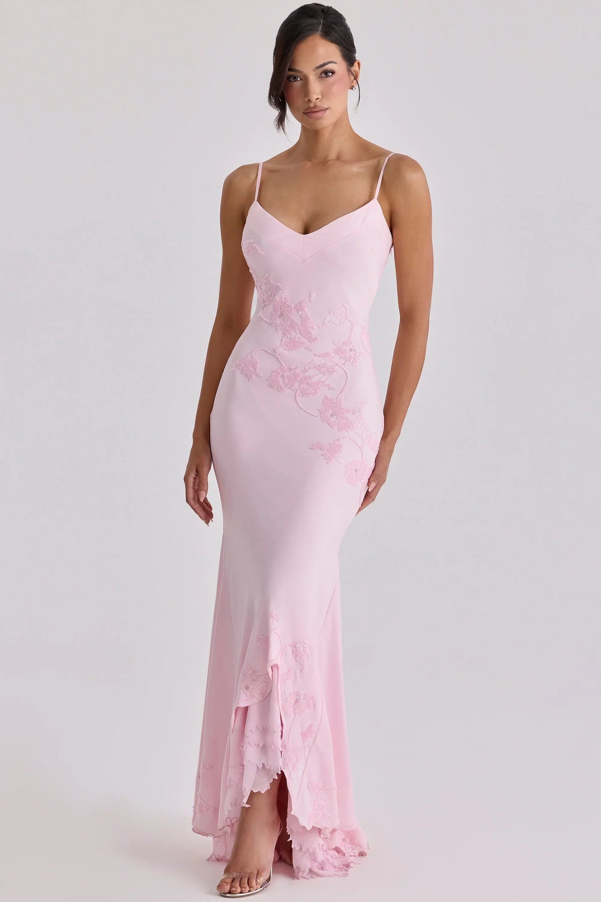 pink hand beaded embellished satin maxi dress