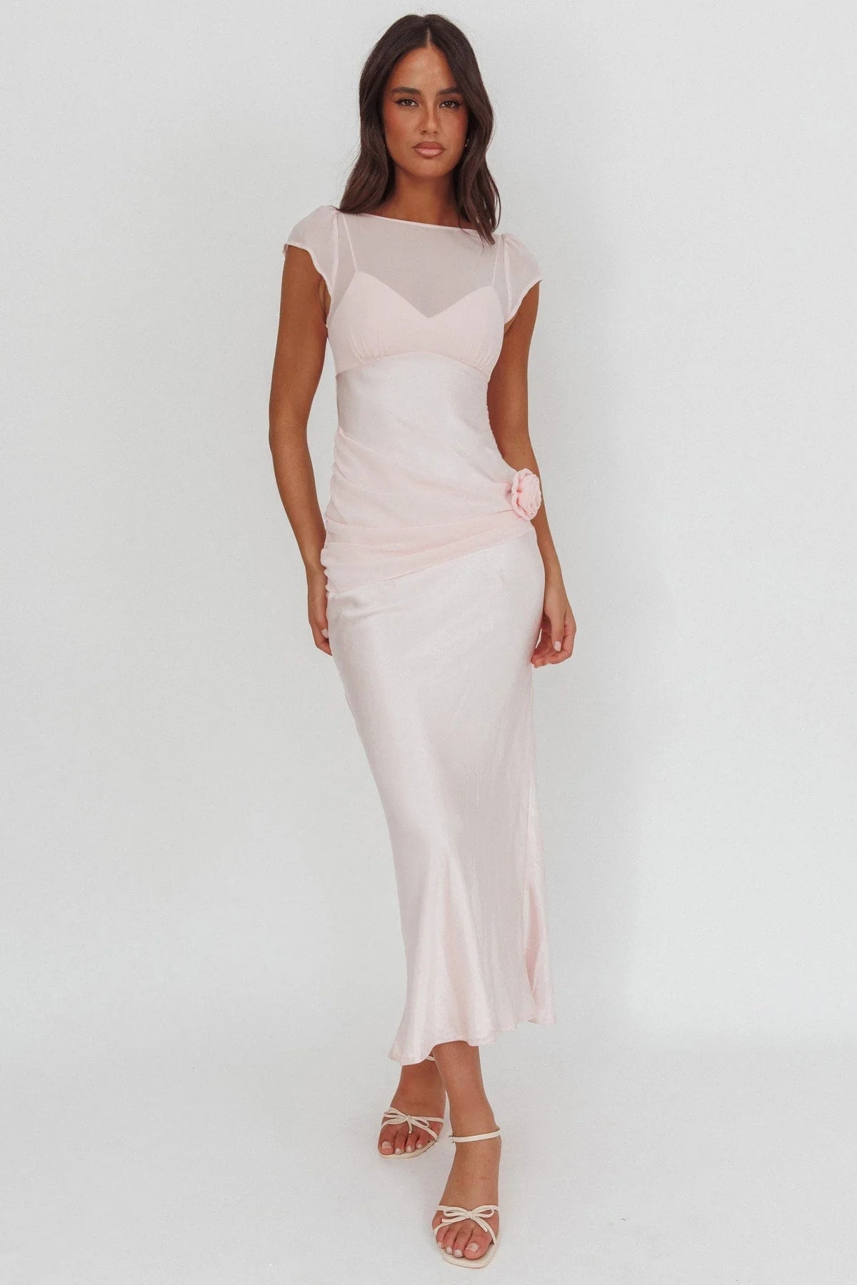 Enchanted Dusk Cap Sleeve Rosette Maxi Dress Pink
